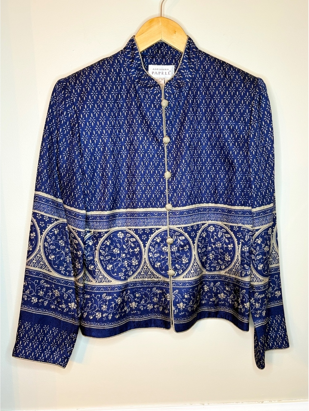 Adrianna Papéll Blue and Taupe Silk Button Jacket